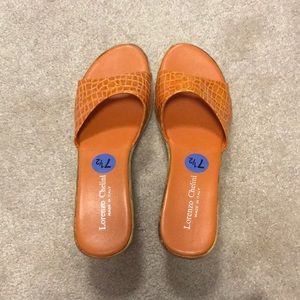 orange snake skin wedge heels